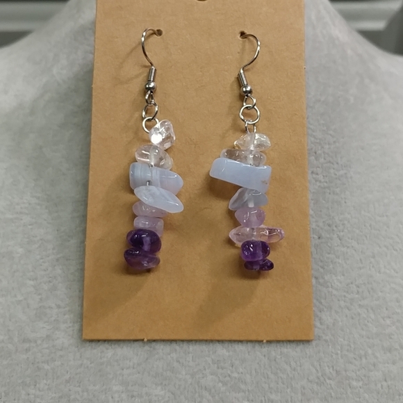 Amethyst Quartz Crystal Blue Lace Agate Earrings Natural Gemstone Chip Beaded - Picture 3 of 10